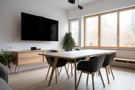 Scandinavian style meeting room, Blank TV screen, light wood, clean lines, white walls, functional, cozy atmosphere, natural elements, minimalist, hygge. Pesentation display. Mock-up, templateの素材