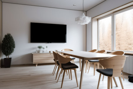 Scandinavian style meeting room, Blank TV screen, light wood, clean lines, white walls, functional, cozy atmosphere, natural elements, minimalist, hygge. Pesentation display. Mock-up, templateの素材