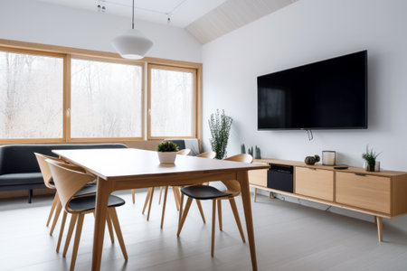 Scandinavian style meeting room, Blank TV screen, light wood, clean lines, white walls, functional, cozy atmosphere, natural elements, minimalist, hygge. Pesentation display. Mock-up, templateの素材