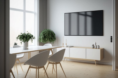 Scandinavian style meeting room, Blank TV screen, light wood, clean lines, white walls, functional, cozy atmosphere, natural elements, minimalist, hygge. Pesentation display. Mock-up, templateの素材
