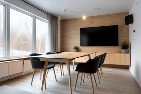 Scandinavian style meeting room, Blank TV screen, light wood, clean lines, white walls, functional, cozy atmosphere, natural elements, minimalist, hygge. Pesentation display. Mock-up, templateの素材