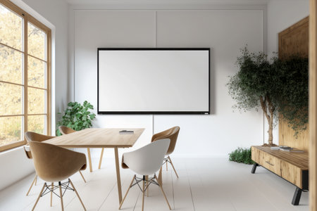 Scandinavian style meeting room, Blank TV screen, light wood, clean lines, white walls, functional, cozy atmosphere, natural elements, minimalist, hygge. Pesentation display. Mock-up, templateの素材