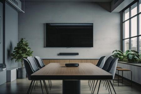 Contemporary modern office meeting room, Blank TV screen, neutral colors. Table, chair seats, presentation display, window. Mock-up template...の素材