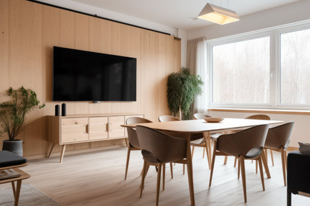 Scandinavian style meeting room, Blank TV screen, light wood, clean lines, white walls, functional, cozy atmosphere, natural elements, minimalist, hygge. Pesentation display. Mock-up, templateの素材