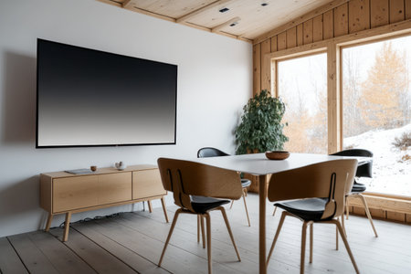 Scandinavian style meeting room, Blank TV screen, light wood, clean lines, white walls, functional, cozy atmosphere, natural elements, minimalist, hygge. Pesentation display. Mock-up, templateの素材