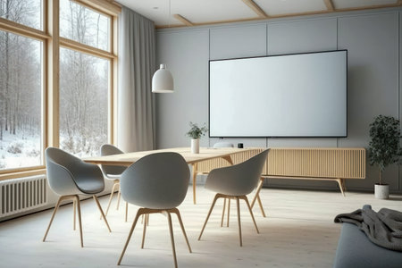 Scandinavian style meeting room, Blank TV screen, light wood, clean lines, white walls, functional, cozy atmosphere, natural elements, minimalist, hygge. Pesentation display. Mock-up, templateの素材
