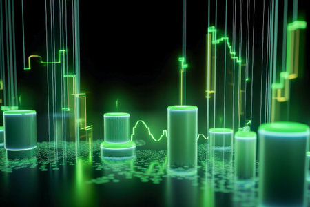Green Abstract business cyber space internet technology background Cylinders, exchange charts. Digital Matrix cyberpunk inspiredの素材