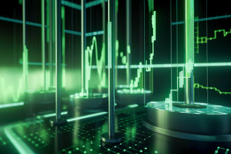 Green Abstract business cyber space internet technology background Cylinders, exchange charts. Digital Matrix cyberpunk inspiredの素材