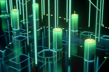 Green Abstract business cyber space internet technology background Cylinders, exchange charts. Digital Matrix cyberpunk inspiredの素材