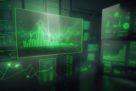 Green Abstract background, screens, monitors, displays, interfaces, charts, rectangulars. Digital Matrix cyberpunk inspiredの素材