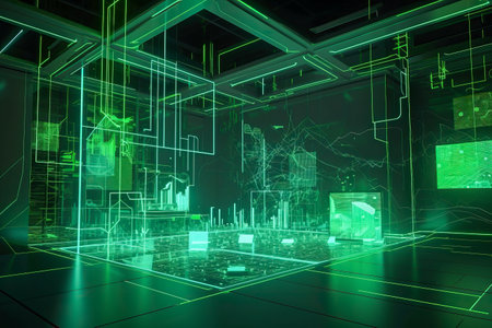 Green Abstract background, screens, monitors, displays, interfaces, charts, rectangulars. Digital Matrix cyberpunk inspiredの素材