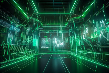 Green Abstract background, screens, monitors, displays, interfaces, charts, rectangulars. Digital Matrix cyberpunk inspiredの素材