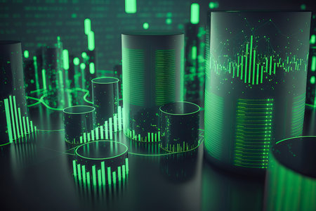 Green Abstract business cyber space internet technology background Cylinders, exchange charts. Digital Matrix cyberpunk inspiredの素材
