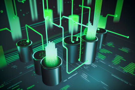 Green Abstract business cyber space internet technology background Cylinders, exchange charts. Digital Matrix cyberpunk inspiredの素材