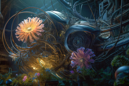 Glowing biomechanics alien extraterrestrial flower abstract backgroundの素材
