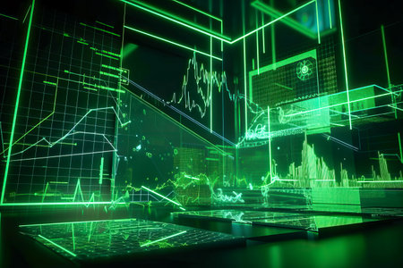 Green Abstract background, screens, monitors, displays, interfaces, charts, rectangulars. Digital Matrix cyberpunk inspiredの素材