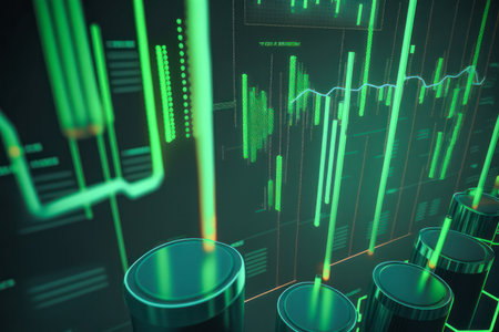 Green Abstract business cyber space internet technology background Cylinders, exchange charts. Digital Matrix cyberpunk inspiredの素材