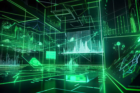 Green Abstract background, screens, monitors, displays, interfaces, charts, rectangulars. Digital Matrix cyberpunk inspiredの素材