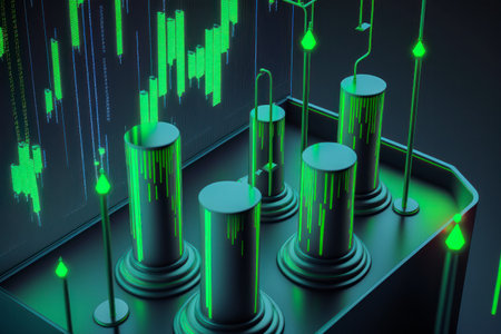 Green Abstract business cyber space internet technology background Cylinders, exchange charts. Digital Matrix cyberpunk inspiredの素材
