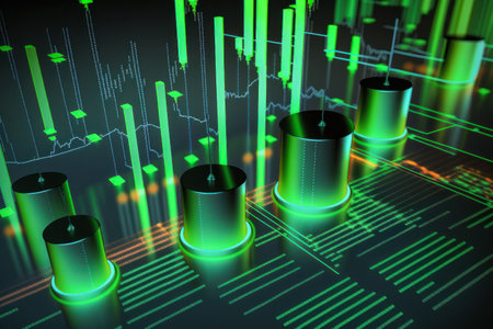 Green Abstract business cyber space internet technology background Cylinders, exchange charts. Digital Matrix cyberpunk inspiredの素材