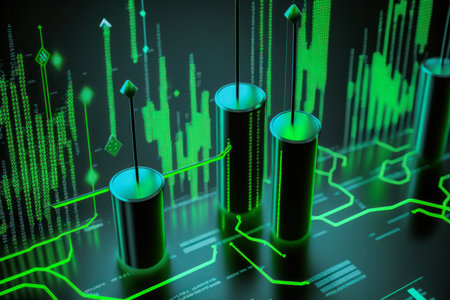 Green Abstract business cyber space internet technology background Cylinders, exchange charts. Digital Matrix cyberpunk inspiredの素材