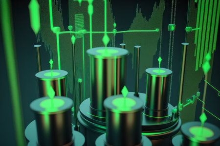 Green Abstract business cyber space internet technology background Cylinders, exchange charts. Digital Matrix cyberpunk inspiredの素材