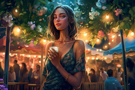 A beautiful hipster girl with coffee in takeaway cup at a hot summer vacation open air festival concert, enjoying the lively ambiance and music. Generative AIの素材