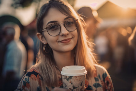 A beautiful hipster girl with coffee in takeaway cup at a hot summer vacation open air festival concert, enjoying the lively ambiance and music. Generative AIの素材