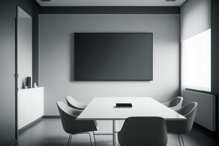 Large blank screen in the office meeting room , modern interior. Table, chair seats, presentation display, window. Mock-up template. Generative AIの素材