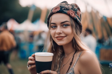 A beautiful hipster girl with coffee in takeaway cup at a hot summer vacation open air festival concert, enjoying the lively ambiance and music. Generative AIの素材