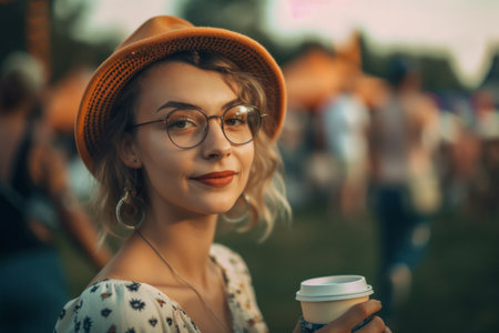 A beautiful hipster girl with coffee in takeaway cup at a hot summer vacation open air festival concert, enjoying the lively ambiance and music. Generative AIの素材