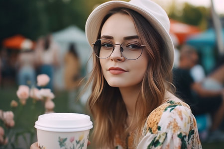 A beautiful hipster girl with coffee in takeaway cup at a hot summer vacation open air festival concert, enjoying the lively ambiance and music. Generative AIの素材
