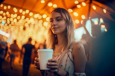 A beautiful hipster girl with coffee in takeaway cup at a hot summer vacation open air festival concert, enjoying the lively ambiance and music. Generative AIの素材