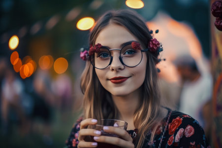 Beautiful hipster girl with a glass of drink. Hot summer vacation open air festival concert. Sunset light. Generative AIの素材