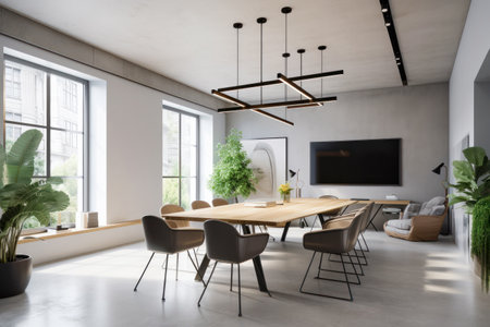 Scandinavian Style Office Meeting Room with Big Blank TV Screen. Generative AIの素材
