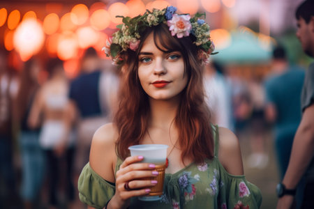 A beautiful hipster girl with coffee in takeaway cup at a hot summer vacation open air festival concert, enjoying the lively ambiance and music. Generative AIの素材