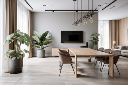 Scandinavian Style Office Meeting Room with Big Blank TV Screen. Generative AIの素材