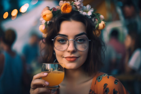 Beautiful hipster girl with a glass of drink. Hot summer vacation open air festival concert. Sunset light. Generative AIの素材