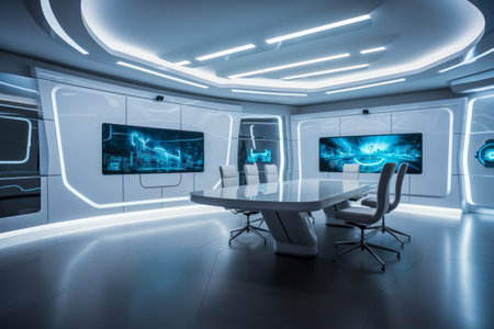 Futuristic Office Meeting Room with Holographic TV Screen and Sleek Design.の素材