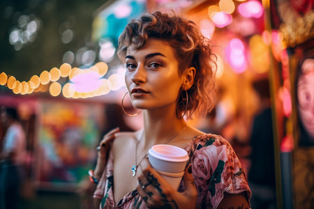 A beautiful hipster girl with coffee in takeaway cup at a hot summer vacation open air festival concert, enjoying the lively ambiance and music. Generative AIの素材