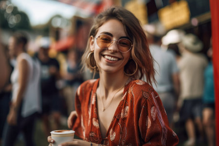 A beautiful hipster girl with coffee in takeaway cup at a hot summer vacation open air festival concert, enjoying the lively ambiance and music. Generative AIの素材