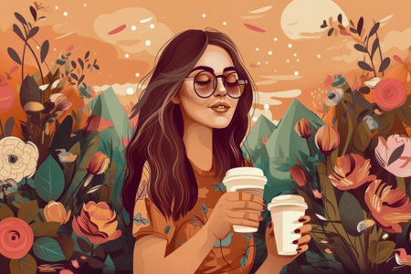 Girl in Sunglasses with Takeaway Coffee in Nature. Generative AIの素材