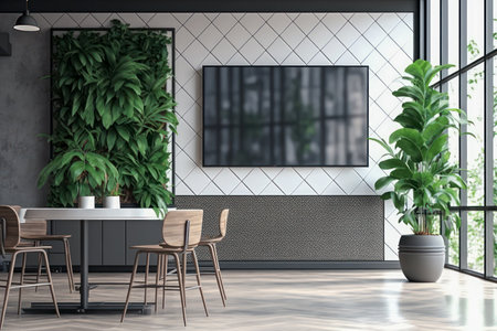 Scandinavian Style Cafe and Coffee Shop with Big Blank TV Screen. Generative AIの素材