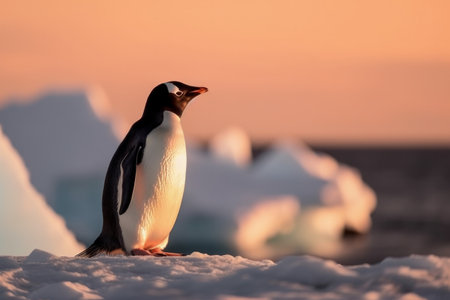 Penguin on Iceberg with Antarctica Landscape at Sunset, Generative AI..の素材