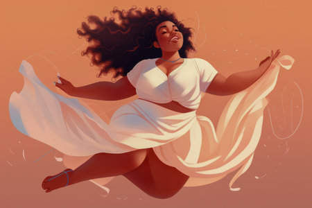 Beautiful Body-Positive Illustration of a Happy Confident Plus-Size Model Dancing and Jumping in a Crop Top. Generative AIの素材