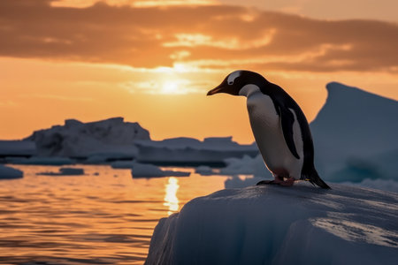 Penguin on Iceberg with Antarctica Landscape at Sunset, Generative AI..の素材
