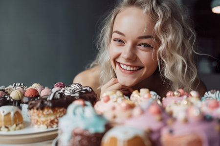 A happy and smiling caucasian girl, enjoys a day at the confectionery surrounded by cakes and sweets, while showcasing her radiant smile and zest for life. Generative AIの素材