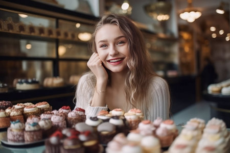A happy and smiling caucasian girl, enjoys a day at the confectionery surrounded by cakes and sweets, while showcasing her radiant smile and zest for life. Generative AIの素材