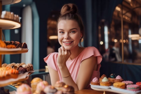 A happy and smiling caucasian girl, enjoys a day at the confectionery surrounded by cakes and sweets, while showcasing her radiant smile and zest for life. Generative AIの素材