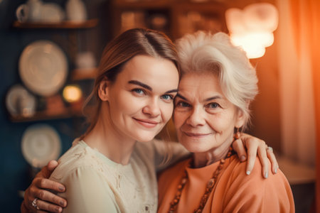 Cheerful mature woman embracing senior mother at home; Portrait of elderly mother and middle aged daughter smiling together. Generative AI